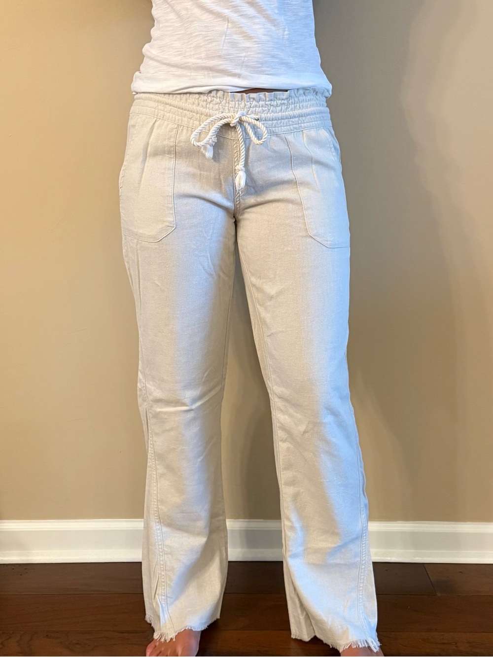 Roxy Lightweight Cream Linen Pants with Rope Tie